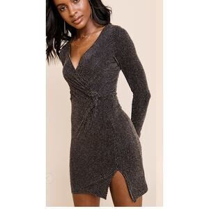 Mi Ami Francescas Mini Dress Women's Size S Side Knot Long sleeve Gold Black